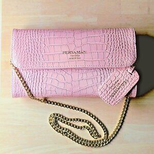 Persaman New York Priscilla Croc Embossed Pink Leather Crossbody Clutch Bag Mint